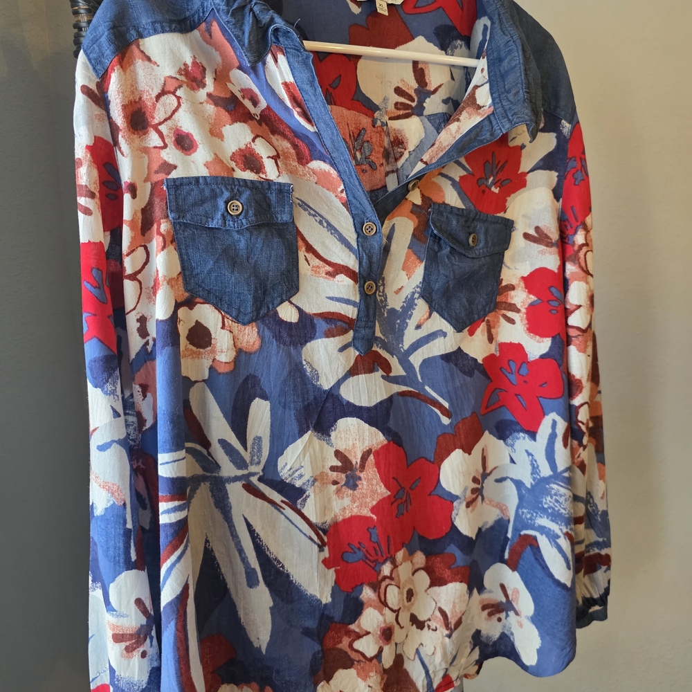 John Mark Floral Denim Blouse - Red, Blue, White
